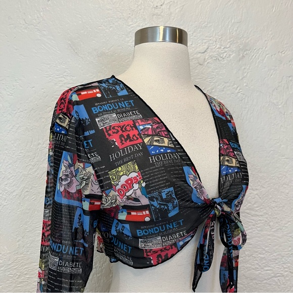 Mesh Crop Top Tie Front Comic Book News Print Rave Punk Festival Medium M - Picture 4 of 13